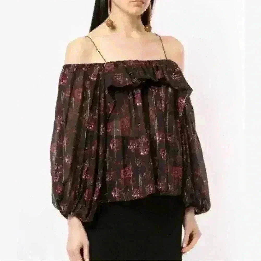 ULLA Johnson Coline Black Red Silk Off the Shoulder Spaghetti Strap Blouse 8